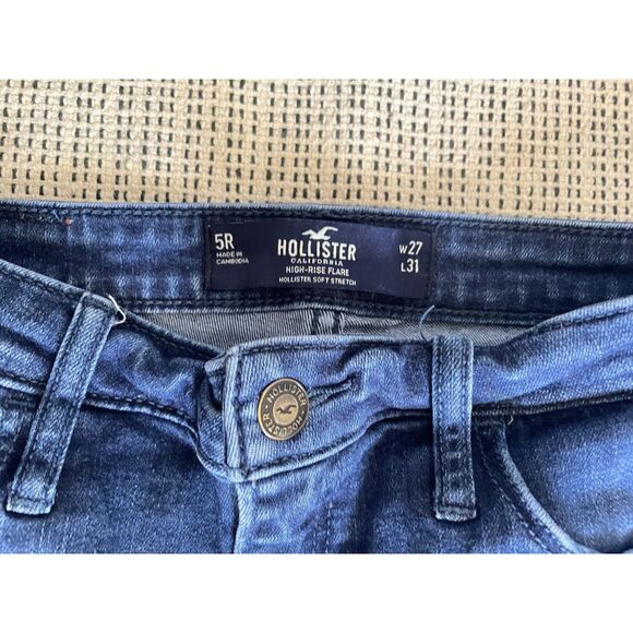 Hollister Womens High Rise Flare Jeans 5R Dark Wash Raw Hem Stretch Y2K Trendy - Picture 3 of 4